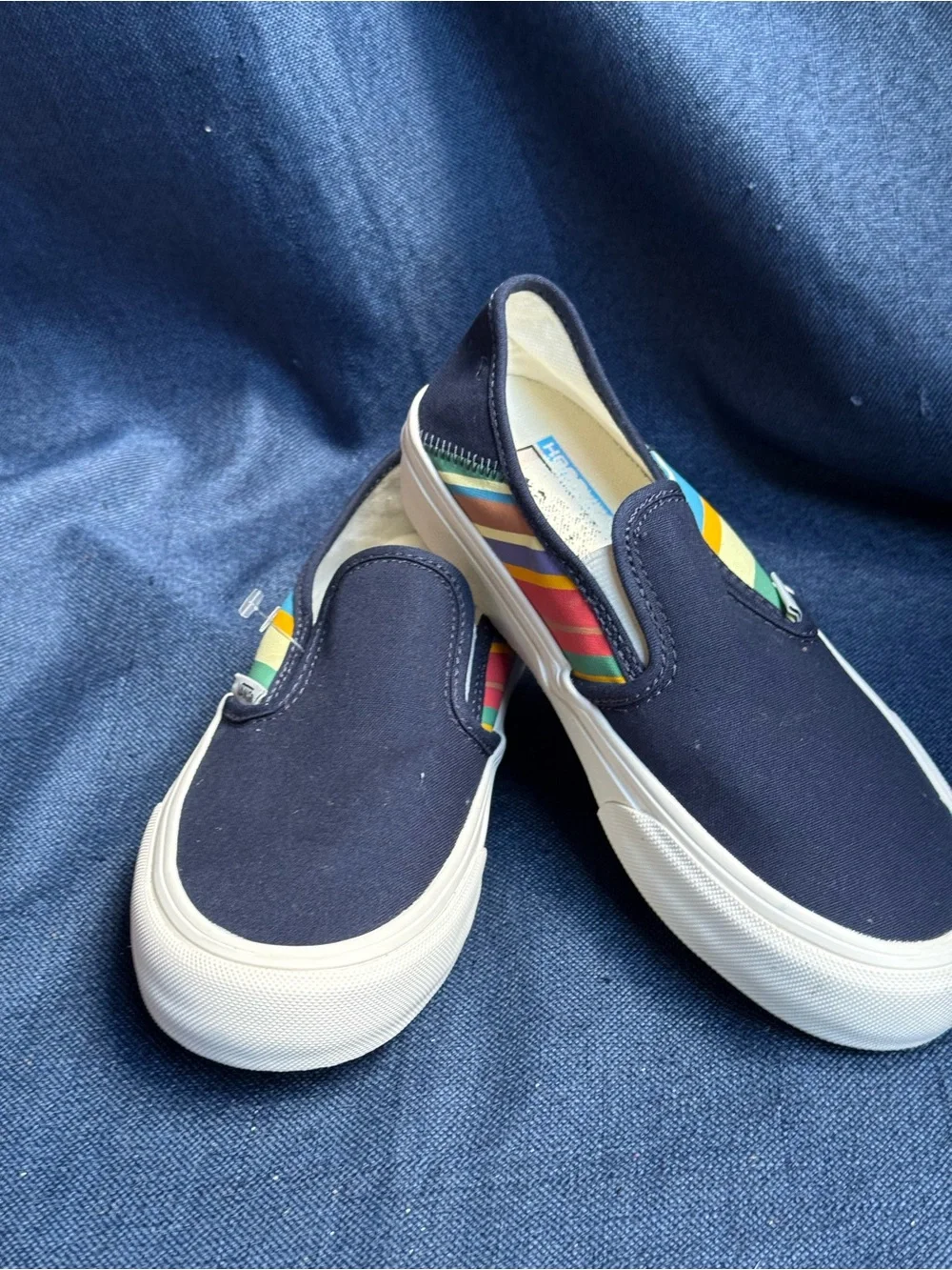 Vans Classic Slip On Retro Stripes Dress Blues Shoes Women 6.5 Men 5